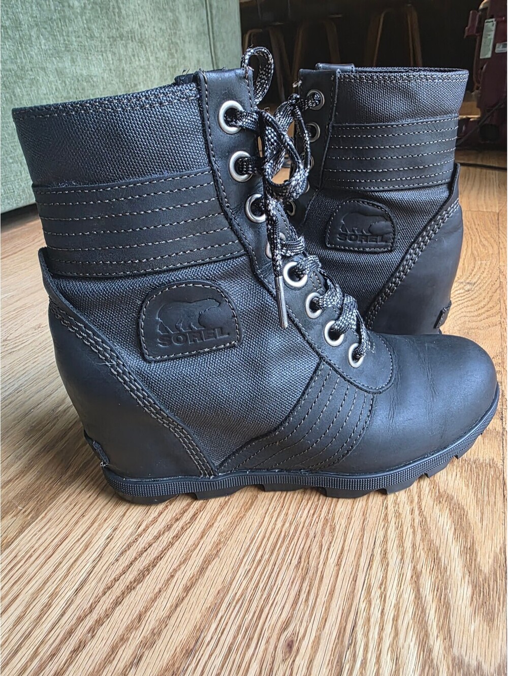 SOREL Black Leather Canvas Lace Up Hidden Wedge Ankle Boots